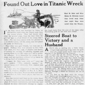 A contemporary newspaper feature includes a dramatic illustration of the Newsom-Behr party in a lifeboat rowing away from the Titanic, which is seen sinking in the distance.