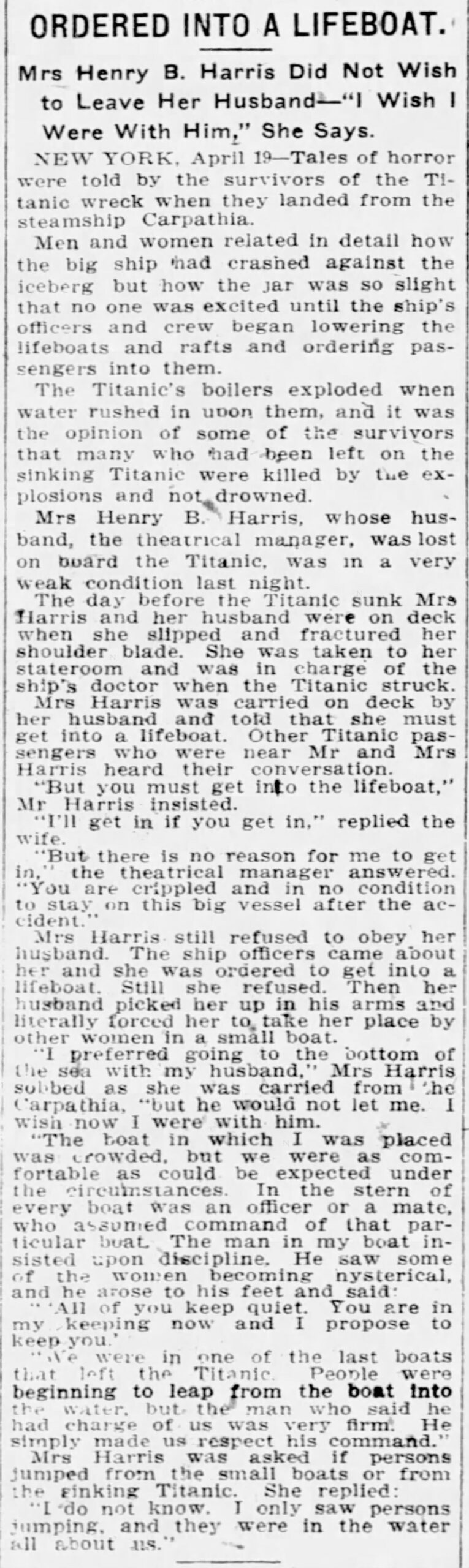 A newspaper article about a woman’s experience in the sinking of the Titanic. 