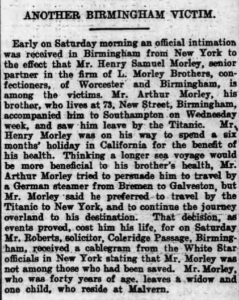 A newspaper article about the death of Henry Morley on Titanic.